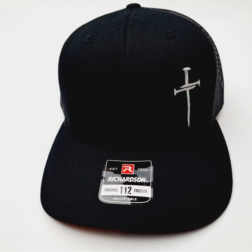 Jesus Nails Richardson Black Trucker Hat with Cross Embroidery